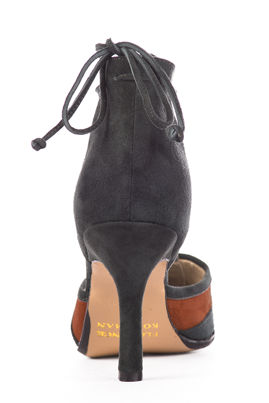 Dark grey and terracotta orange women's open side shoes, with lace straps. Pointed toe. Very high slim heel. Worn view - Florence KOOIJMAN
